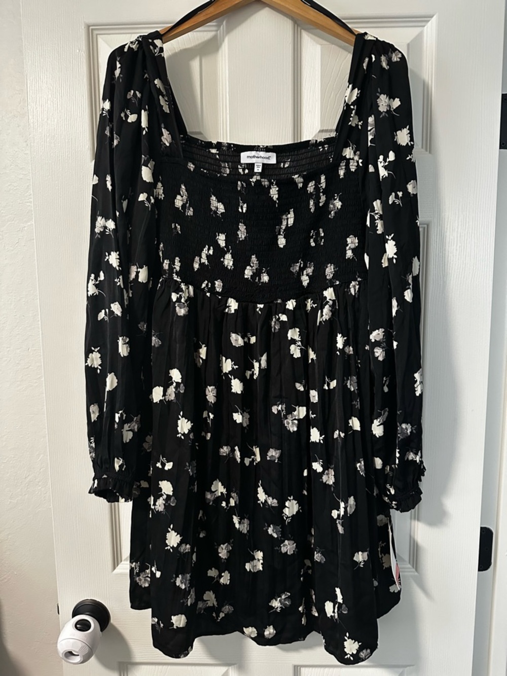 Black Floral Long Sleeve Smocked Babydoll Maternity Dress size XL